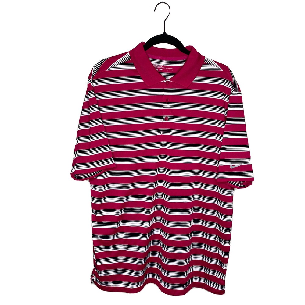 Nike Golf Dri-Fit Standard Fit Men's Magenta‎ Striped Polo Shirt Size Large EUC